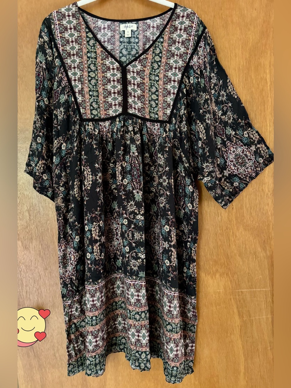 Style & Co. Black Floral Boho Tunic Dress with Green and Peach Accents - XL